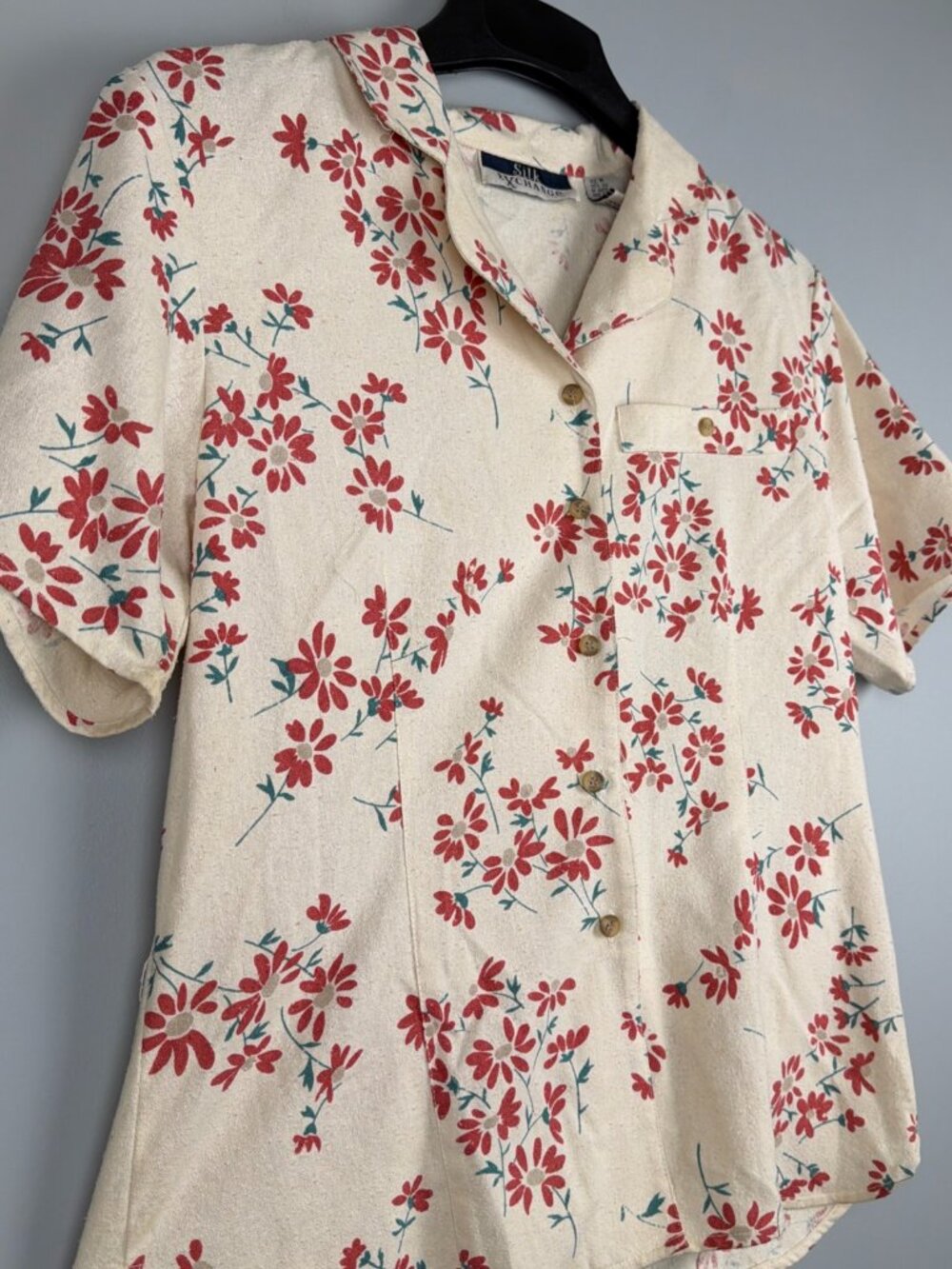 Silk Exchange Shirt Womens M Beige Floral 100% Silk Vtg Cottagecore Country NWT